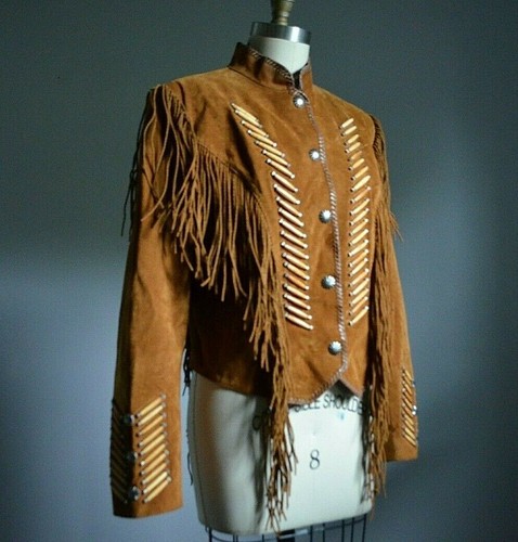 VTG BRN SUEDE SOUTHWESTERN FRINGED JACKET w/ BONE