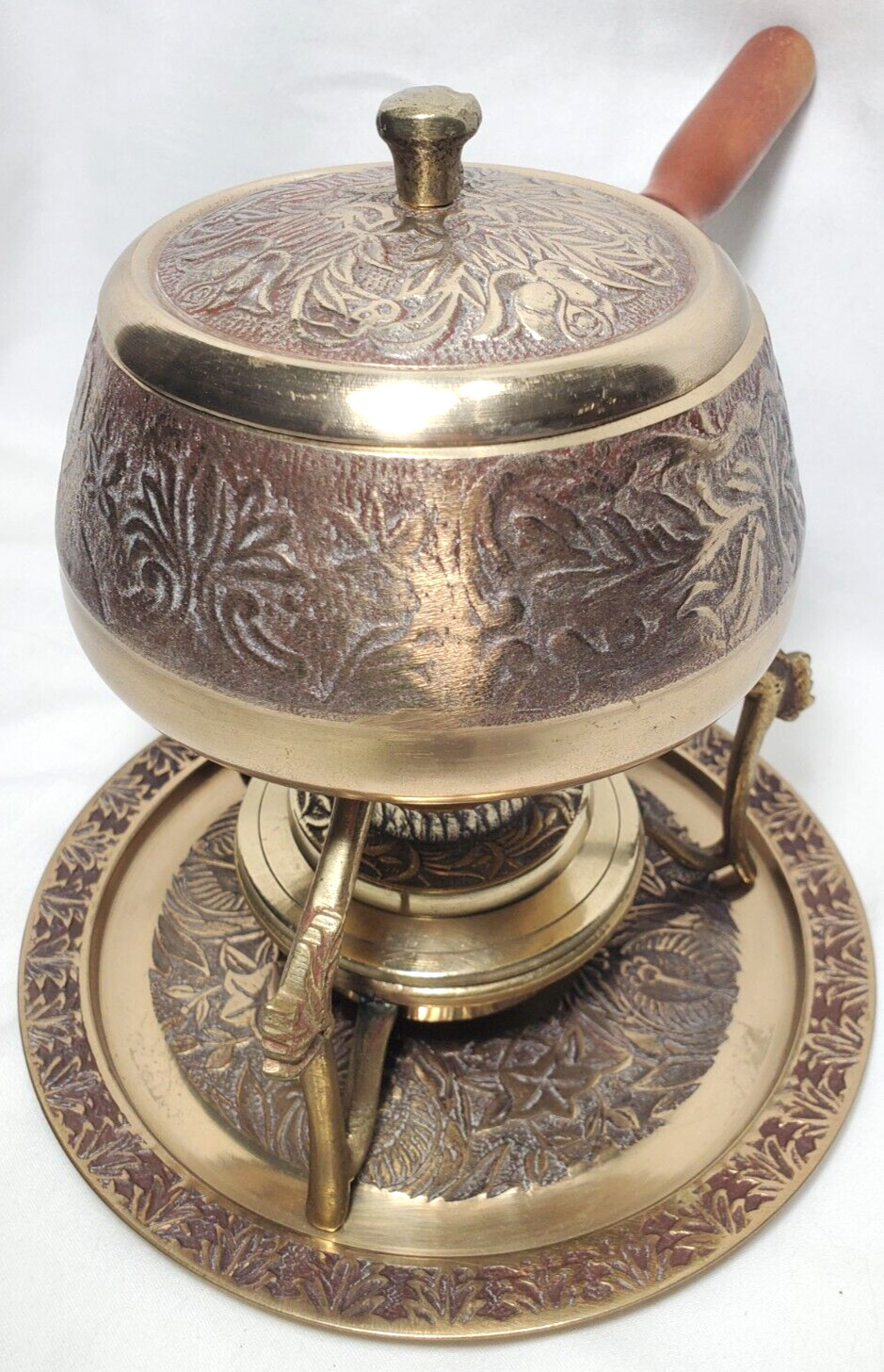 Vintage Brass Korean Fondue Set 6 Piece Floral Pattern