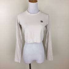 ADIDAS Light Taupe Black Logo Embroidery Cropped Shirt Womens sz Small/XS
