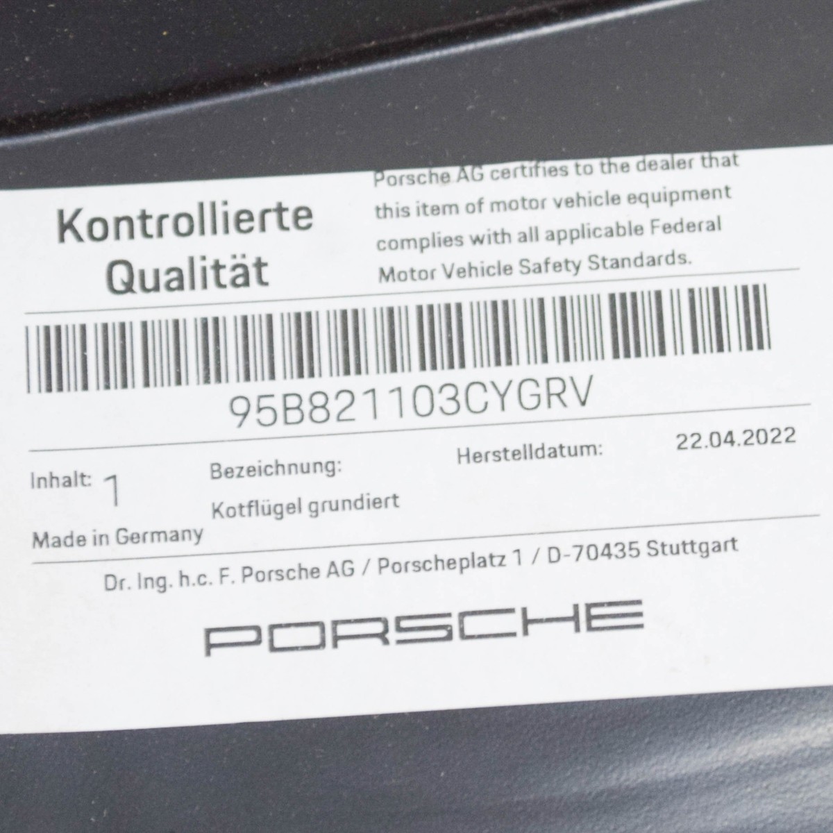 PORSCHE MACAN DKN Front Left Upper Fender 95B821103CYGRV NEW 