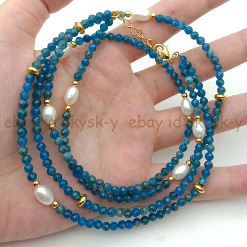 2 Rows 3mm Faceted Natural Blue Apatite 6-7mm White Rice Pearl Necklace 17-18'' - Picture 4 of 4