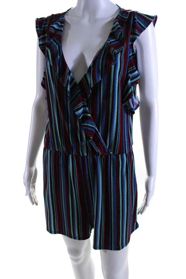 BCBGMAXAZRIA Womens Short Sleeve Ruffled V Neck Striped Romper Red Blue Small - Image 2 of 4