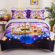 Enchanted Rainbow Castle Kids Bedding Set Twin Size Comforter Sets, Bed in a Bag