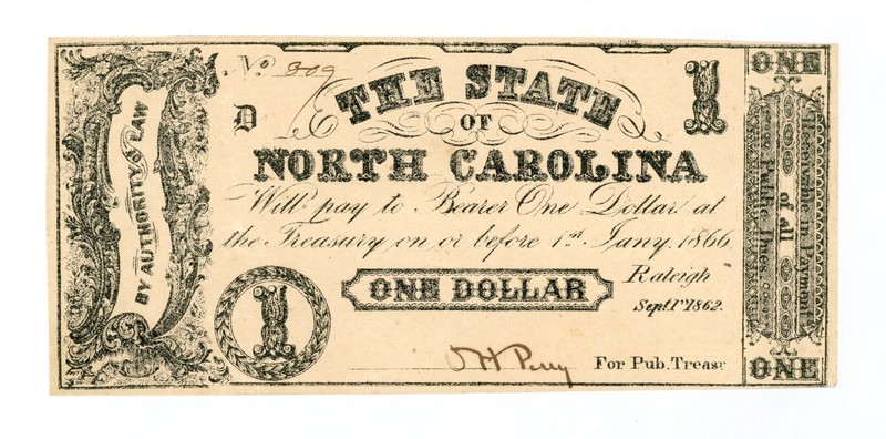1862 Cr.88A $1 The State of NORTH CAROLINA Note - CIVIL WAR Era