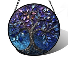 Stained Glass Window Hanging, Blue Purple Tree of Life Sun Catchers Colorful ...
