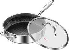 DELARLO Frying Pan,12 6QT Hybrid Sauté Pans/With Helper Handle, Silver 