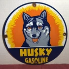 VINTAGE HUSKY GASOLINE PORCELAIN GAS OIL SIGN PUMP PLATE DOG
