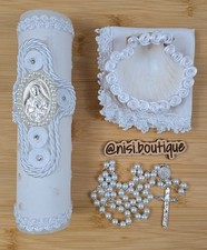 Baptism Candle Set, Christening 4 PC Set, White Color, Handmade Vela de Bautizo