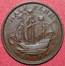 Great Britain 1937 Half Penny, Golden Hind Sailing ship-Foreign Coin 25mm
