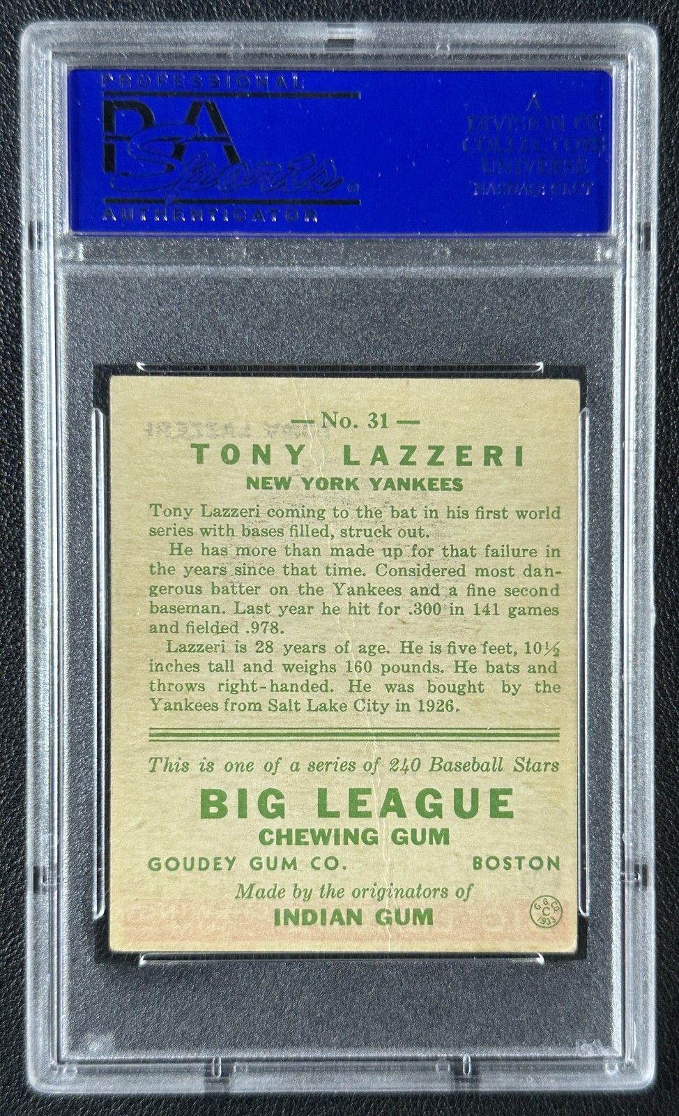 TONY LAZZERI PSA 2 1933 GOUDEY #31 ROOKIE RC YANKEES 6533 view 2