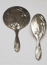 Vintage Silver Plated Mirror Brush Vanity Set Raised Iris Pattern Grandmacore