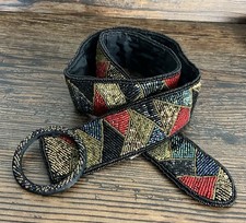 Vtg 80s Colorful Art Deco Beaded Belt Color Block Jewel Tones Med 31-33" Glamour