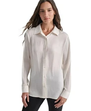 DKNY Jeans Women's Top Petite PM Buttoned-Cuff Fold-Collar Blouse