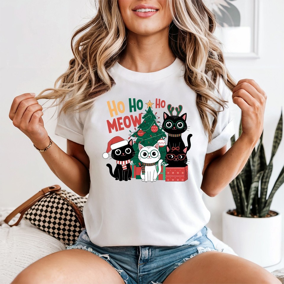 Ho Ho Meow Womens T-Shirt Funny Christmas Cats Festive Cat Lover Gift ...