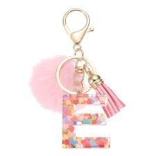 Alphabet Initial Letter E Keychain, Cute Tassel Fur Ball Pom Key Chain, Pink