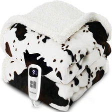 Cow Print Heated Throw Blanket Electric 50" x 60", Black Ombre-white