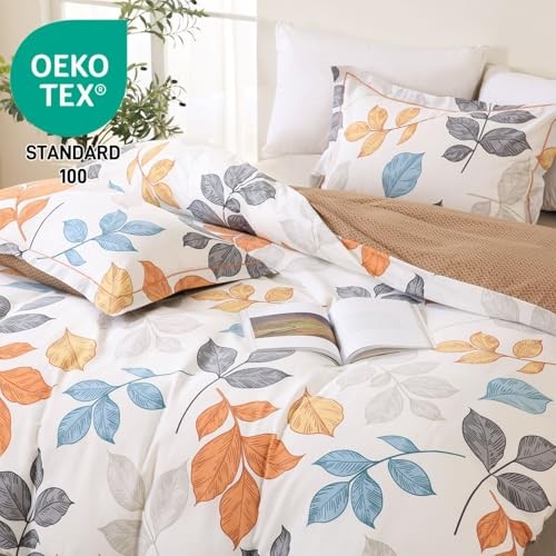 Botanical Cotton Comforter Queen Size, Yellow&Grey Leaves Print Bedding Sets, - Picture 4 of 7
