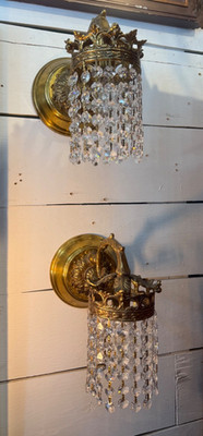 2 Vintage Sconces Brass fountain waterfall Crystal prism lamps with plugin cords
