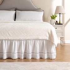 Wrap Around Ruffled Lace Bed Skirt, King/Queen-15" Drop Floral Lace/White