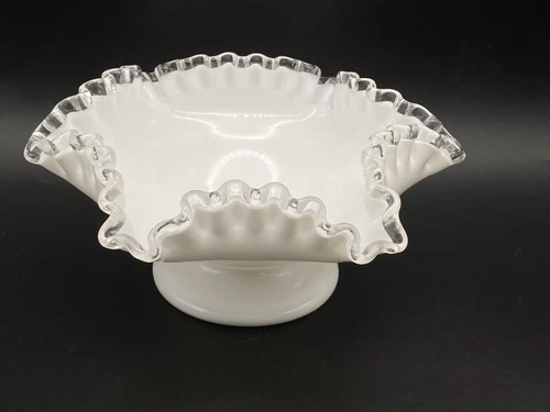 VTG 8-1/2" Fenton Silver Crest Bowl Ruffled Clear Edges Footed White Milk Glass
