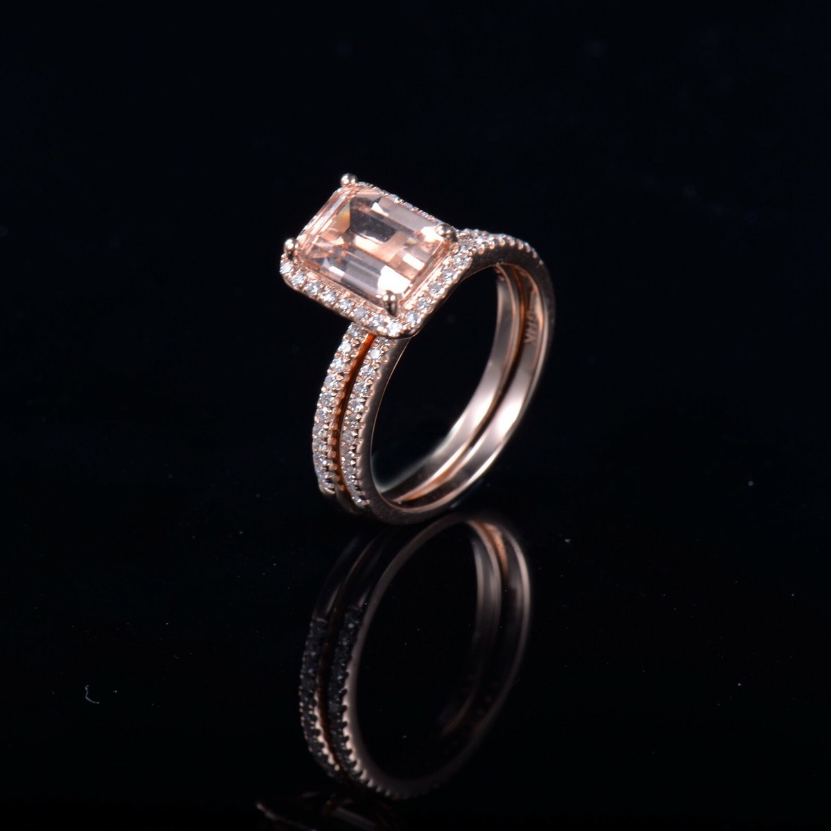 Morganite Main Ring Matching Band Set Halo Natural Diamond Solid 14K Rose  Gold
