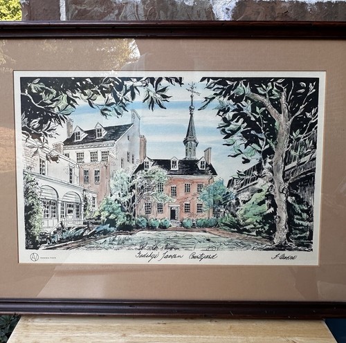 VTG Gadsby’s Tavern Courtyard Lithograph Watercolor Frame 18"x 24" Faye Owens