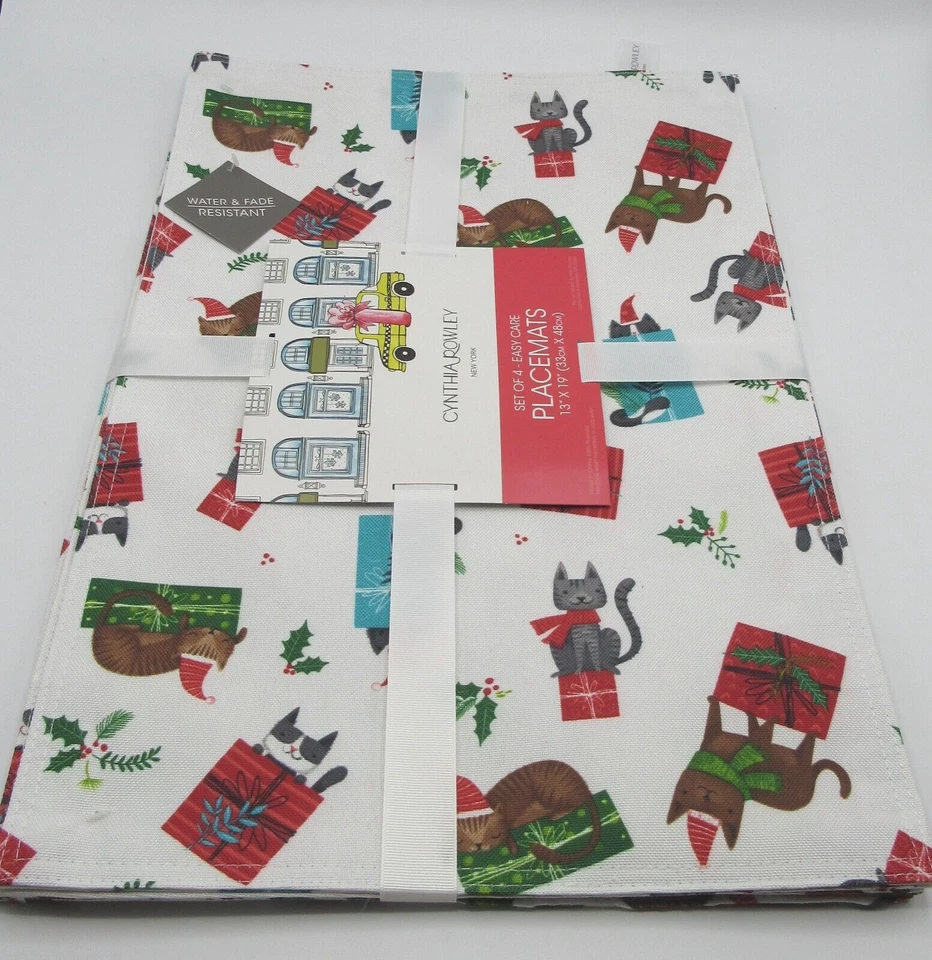 Cynthia Rowley Holiday Weihnachten Katzen Kätzchen Pflegeleichte Tischsets 4er Set NEU