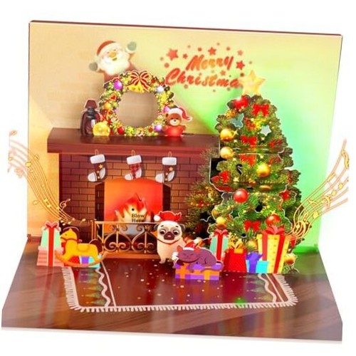 Christmas Card Pop Up with Light and Music 3D Santa Fireplace Merry Christmas
