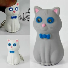 LED CAT KEYCHAIN w Light & Sound Meow Noise Toy White Gray Animal NEW Key Chain