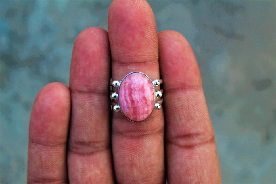 Rosa Rodocrosita Piedra Preciosa 925 Plata de Ley Navidad Anillo Todo Talla - Imagen 3 de 4