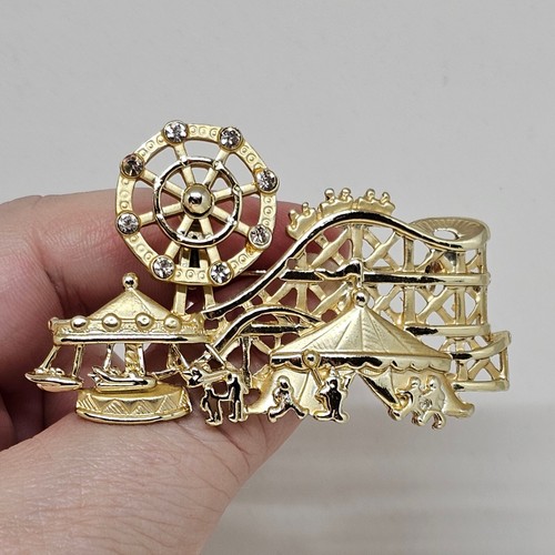 VTG AMUSEMENT PARK MOVING ARTICULATED FERRIS WHEEL BROOCH PIN ROLLER COASTER AJC - Picture 2 of 6