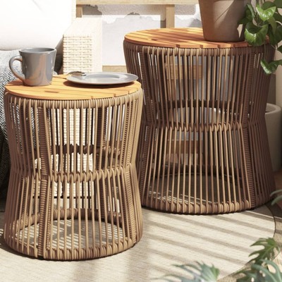 Kleiner Rattan-Beistelltisch Für Draußen – Doppelter Stauraum & Poly-Holz-Tischplatte Für Garten, Terrasse & Balkon
