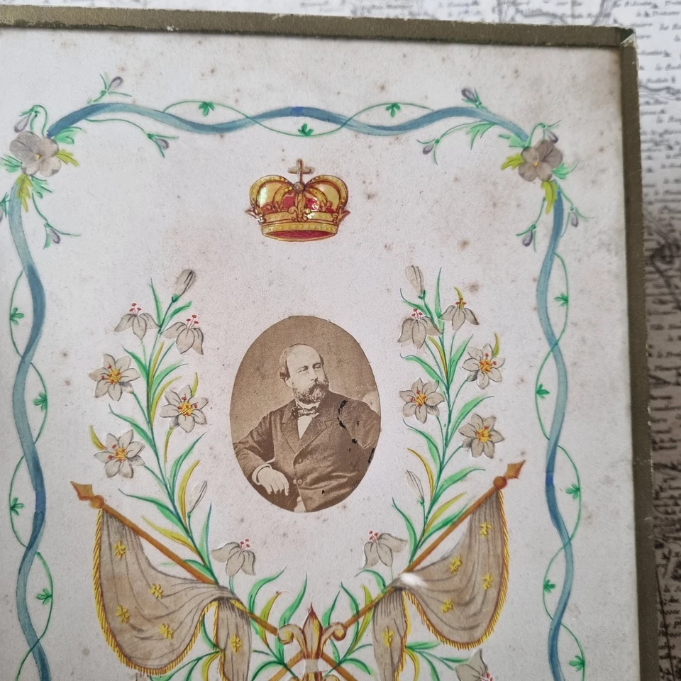 Souvenir Comte De Chambord Légitimiste 1870 Peint Incrustation de Nacre et Photo - Photo 2/4