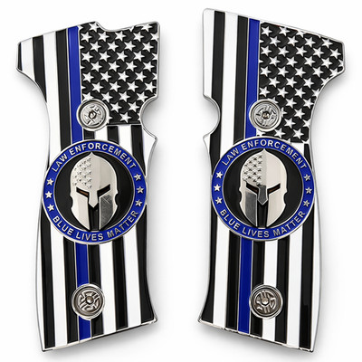 SIG Sauer P320 AXG Metal Grips Blue Line Flag Spartan Skull + Screws Chrome