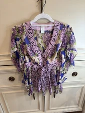 Nanette Lepore Y2K Sequin Fairy Boho 100% Silk Blouse Size 6 Floral Mystical Vtg