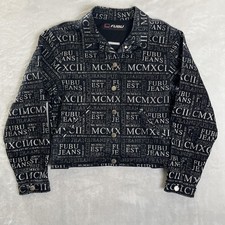 Vintage FUBU Jacket Kids Large Black Denim Bomber All Over Print Hip Hop Y2K
