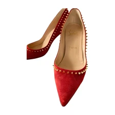 Auth Christian Louboutin Pigalle Follies Spikes Red Suede Pumps Heels 35 Italy