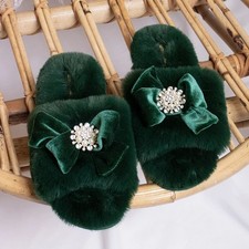 Pretty You London E6 Women's Faux Fur Slippers Slider Anya Green - Choose Size
