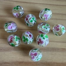 10  CLEAR GOLD FOIL GREEN PINK FLOWER ROUND LAMPWORK Glass Beads 13mm Jewelry