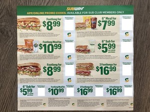 (1) Sheet Subway Food, Combo, Sub Sandwich Coupons Exp. 7/12/2026