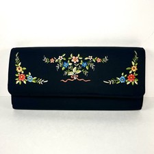 Vintage Black Embroidered Clutch Evening Bag Floral Accents W/ Shoulder Strap