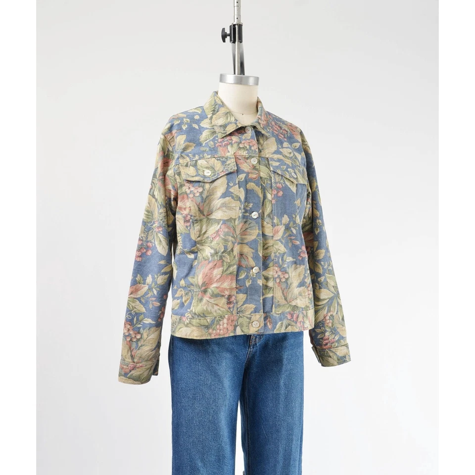 Chaqueta Floral Azul Vintage Años 90 Algodón Cottagecore Informal Tareas Chaqueta S M  Foto 3 de 4
