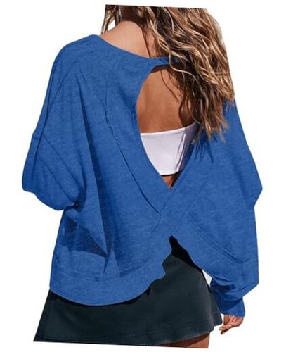 Women's Open Back Workout Crop Tops Long Sleeve Casual Shirts Medium Blue