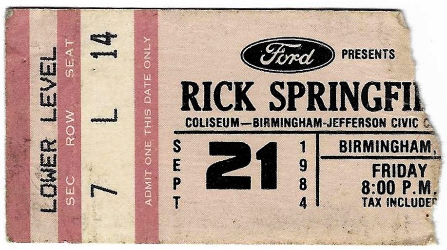 Rick Springfield & Cory Hart 9/21/84 Birmingham AL Civic Center Rare Ticket Stub