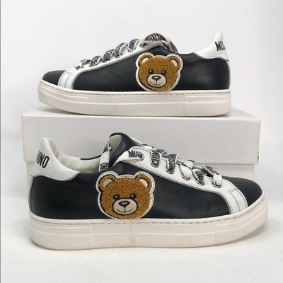 Moschino Teen Black White Teddy Bear Logo 65700 Leather Sneakers - Size 1.5Y
