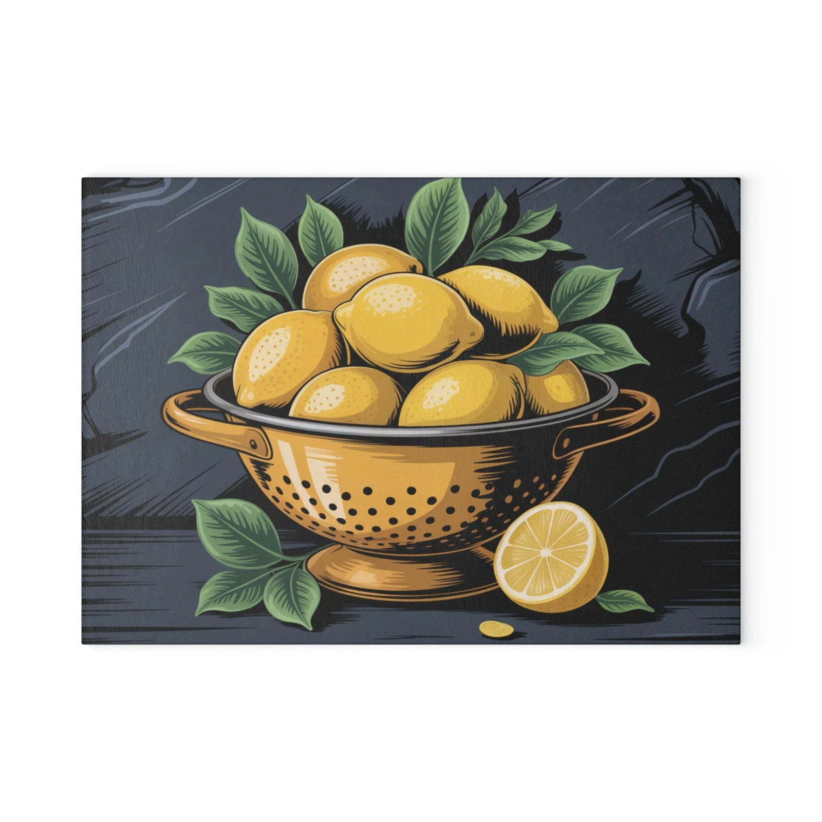 Lemon Colander Illustration Glass Cutting Board | Citrus Kitchen Decor