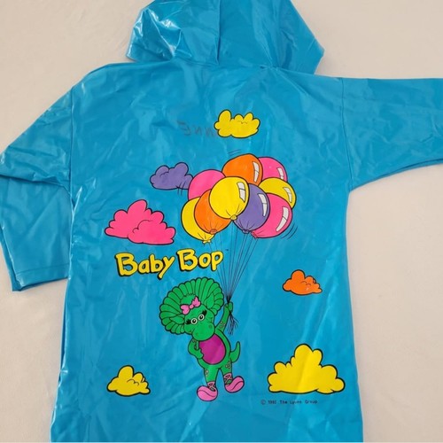 Abrigo de lluvia con capucha de vinilo Barney vintage niños talla 5 azul defectos Baby Bop - Imagen 7 de 8