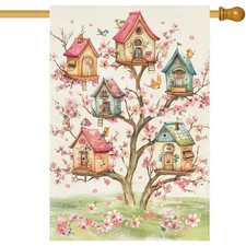 Spring Birds House Flag Double Sided 28x40 Inch Burlap,Pink Floral Flower Tre...