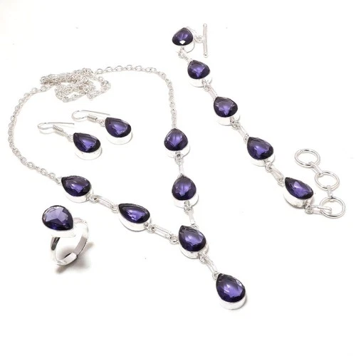 Faceted African Amethyst Gemstone Handmade 925 Sterling Silver Jewelry Set Q156