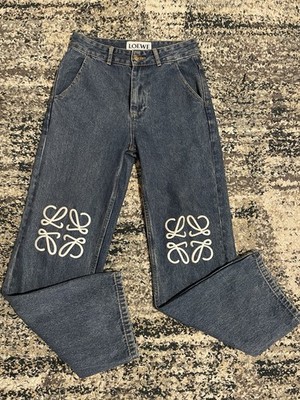 Loewe Blue Embroidered Denim Straight Jeans Women Button Zip 5-Pocket